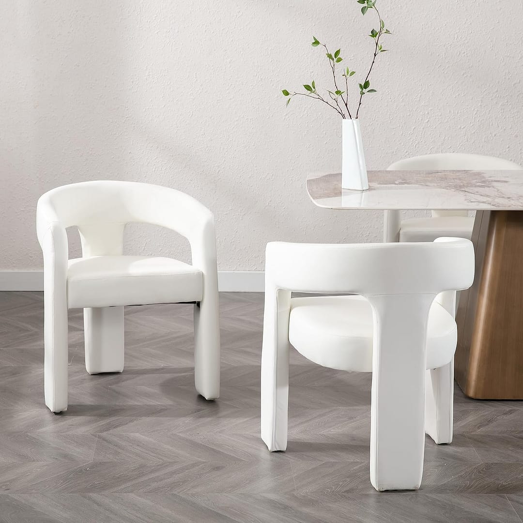 Set of 4 Modern Barrel Dining Chairs, White PU Leather Upholstered Accent Side Chair with Arms Comfy Makeup Vanity Chairs, Dining Living Room Kitchen Chairs