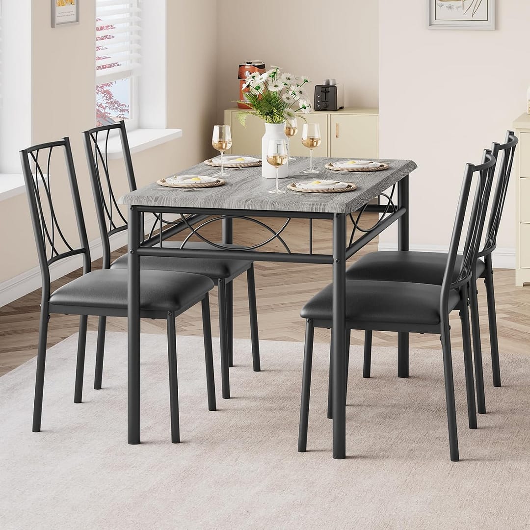 IDEALHOUSE Dining Table Set for 4, Kitchen Table and Chairs Set for 4, Rectangular Kitchen Table Set, 5 Piece Small Dining Table Set with Upholstered Chairs for Apartment, Small Space, Retro Gray