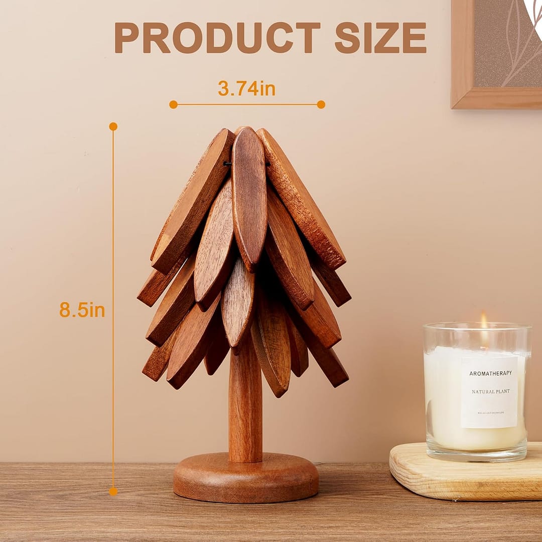 Tree Trivet Set – Foldable Wooden Tree Trivets for Hot Dishes, Set of 4 Heat-Resistant Coasters with Stand, Decorative Wooden Trivet Tree for Kitchen and Dining