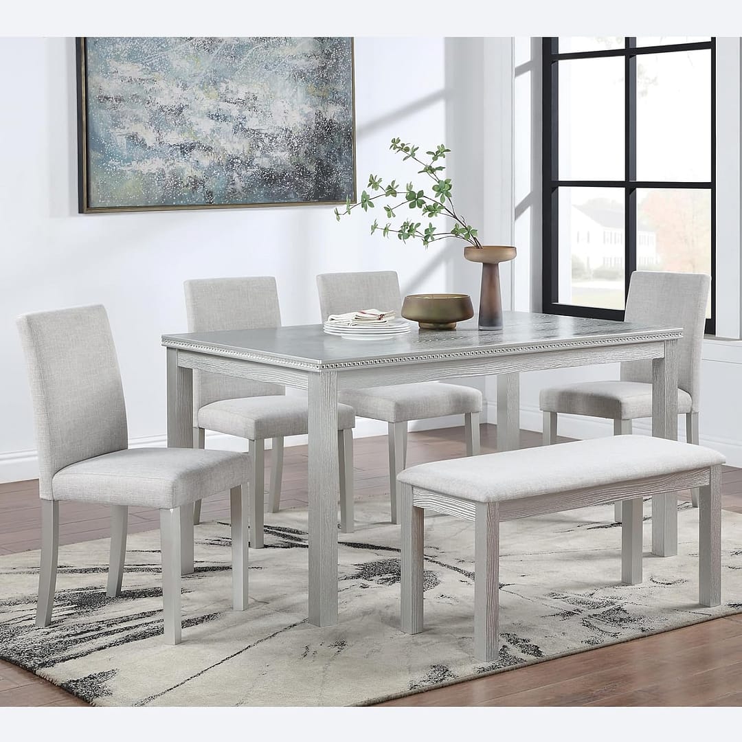 KEIKI 6-Piece Standard Height Dining Table Set with Rectangular Table, 4 Upholstered Chair, Bench, for 6 Person, Crystal Decoration Table Set, Easy Assembly, for Kitchen, Dining Room, Silver Grey