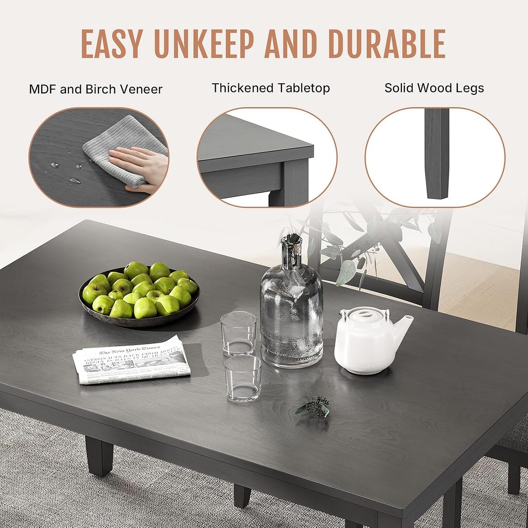 6-Piece Wooden Dining Table Set, Dining Table Set for 6, Including 1 Dining Table, 4 Upholstered Chairs and 1 Bench, Wooden Legs Dining Table, Table Set for Dining Room, Grey