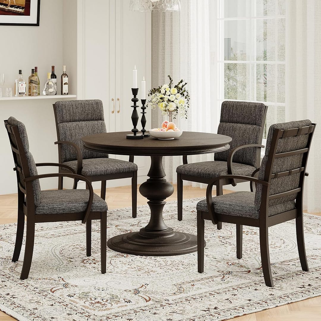 COLAMY Wooden Dining Chairs Set of 2, Modern Large Kitchen Side Chairs, Farmhouse Ladder High Back Dining Room Chair with Wide Seat, Curved Armrests – Brown