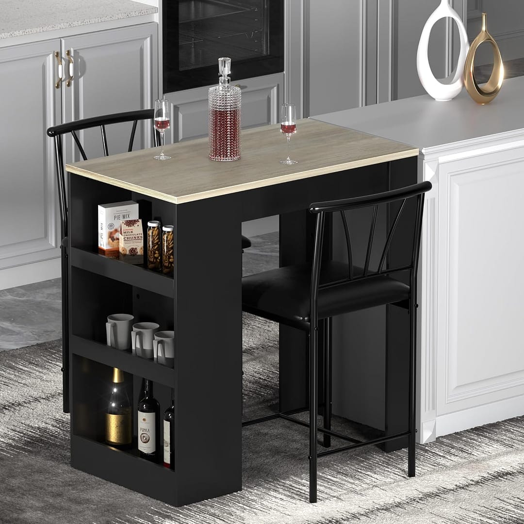 VECELO Small Bar Table and Chairs Tall Kitchen Breakfast Nook with Stools/Dining Set for 2, Storage Shelves, Space-Saving, Gray
