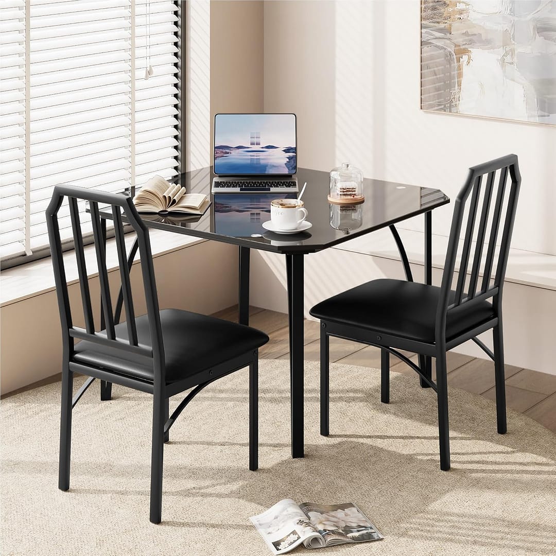 IDEALHOUSE Dining Table Set for 2, Kitchen Table Chairs Set of 2 with Ultra Comfortable PU Cushion, Dining Room Table Set for 2 Furniture with Kitchen Chairs Suitable for Small Space – Black Glass