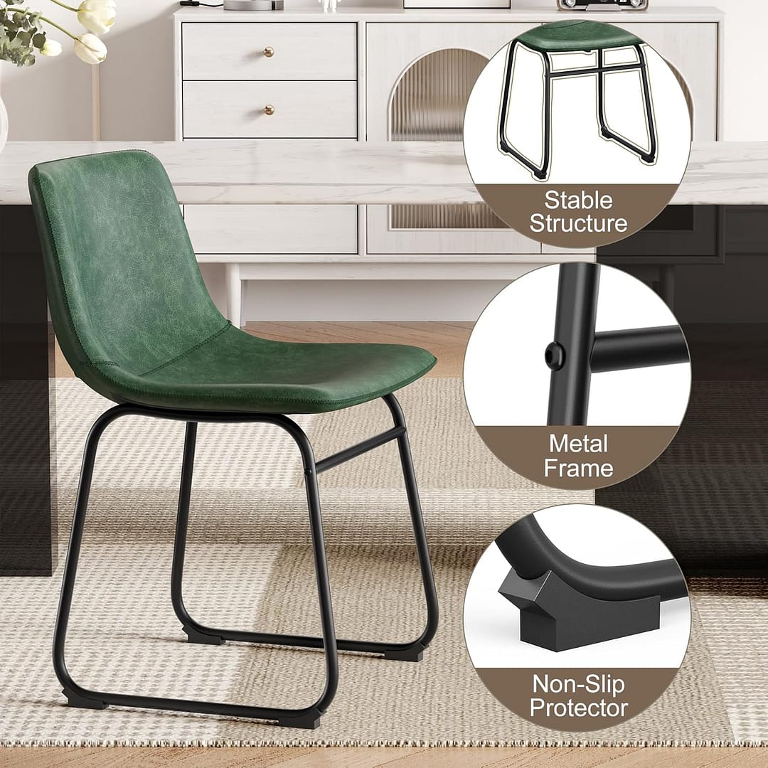 Dining Chairs Set of 6, PU Leather Armless Dinner Chairs with Backrest, 18″ Modern Kitchen Dining Room Chair with Metal Legs for Home (Green)