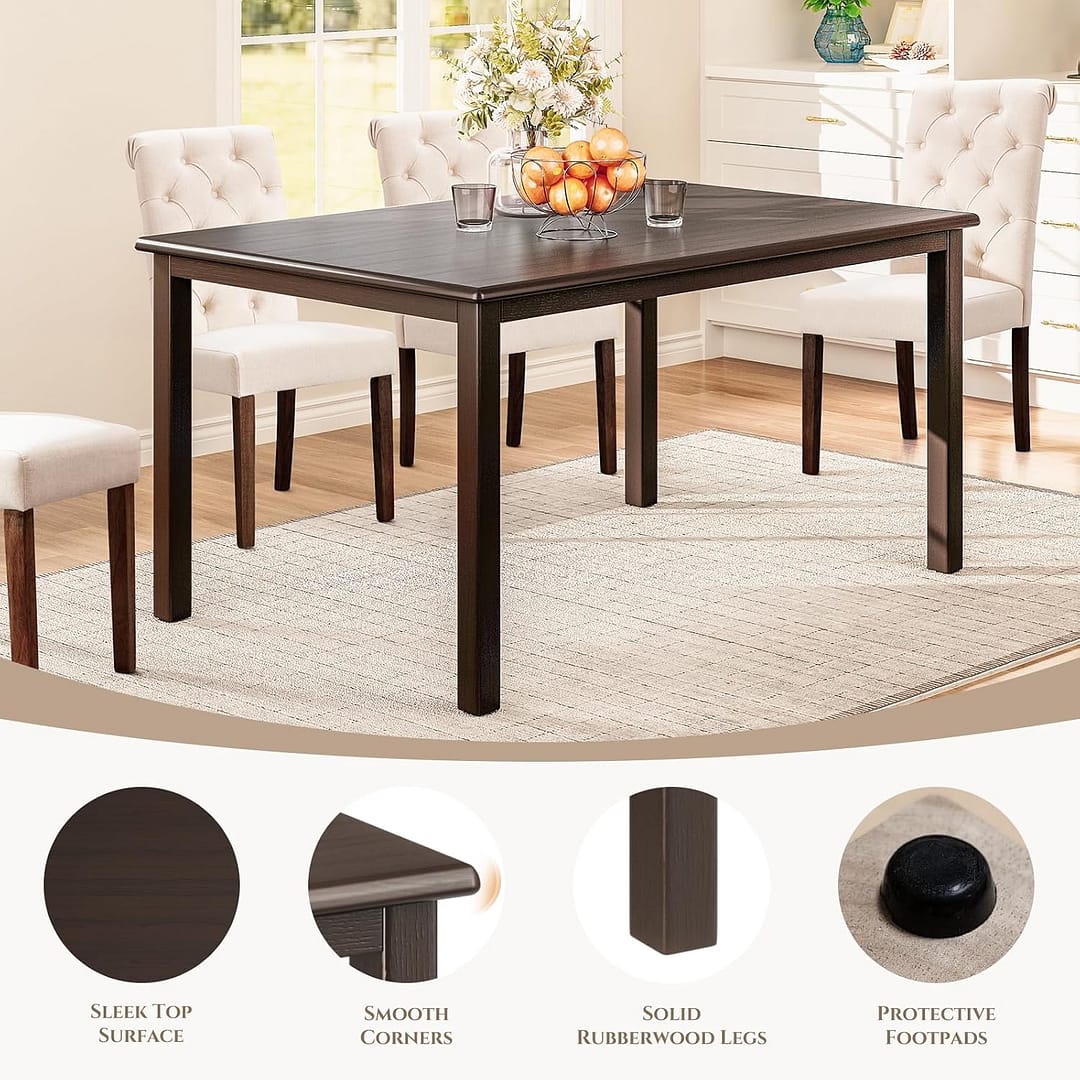 COLAMY Rectangle Dining Table for 6, 60 Inch Wooden Kitchen Table with Wood Legs, Farmhouse Dinner Table for Dining Room, Brown