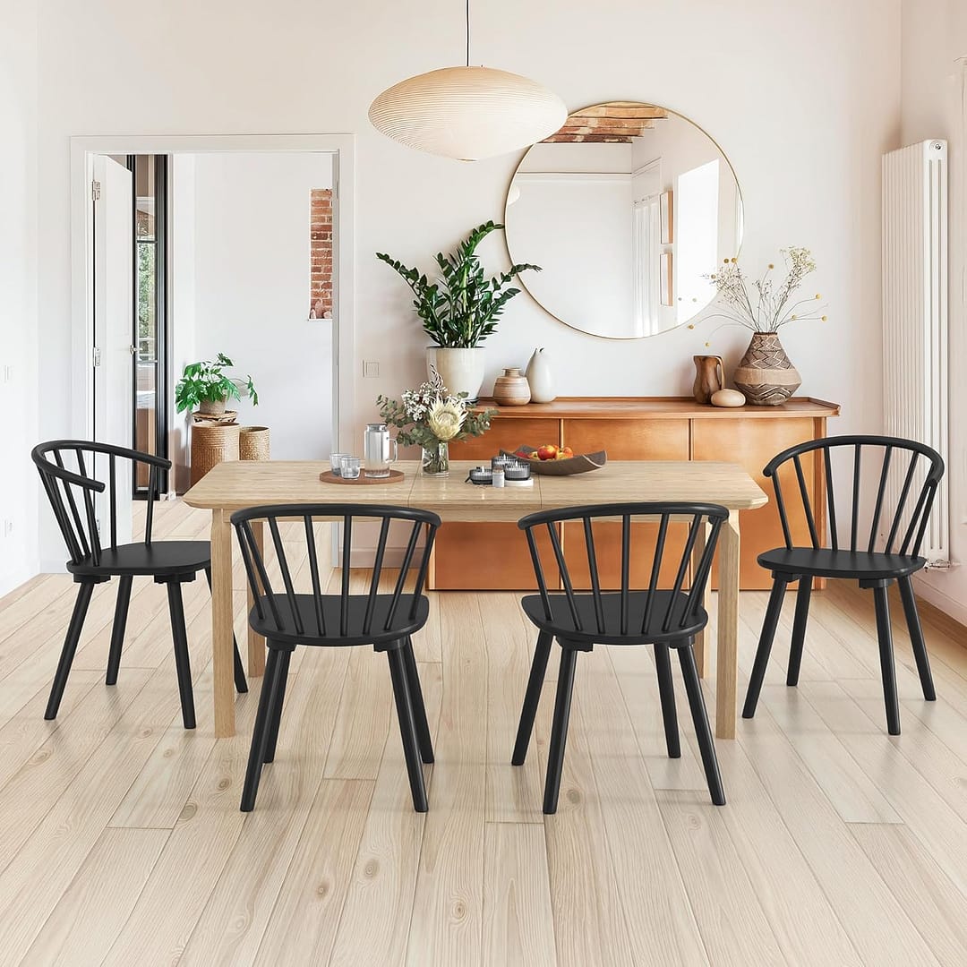 LUE BONA Black Dining Chairs Set of 4, Farmhouse Wood Dining Chairs with Semicircular Backrest, Spindle Dining Chair for Kitchen and Dining Room, 18 Inch