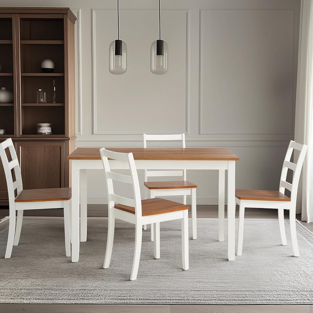 5-Piece Solid Wood Table Set, Dining Table Set for 4, Farmhouse Rectangular Kitchen Table, Space-Saving Dinette Table Set for Dining Room, Office, Terrace, Courtyard – White