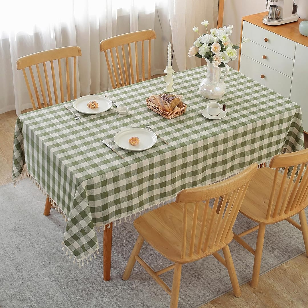 Checkered Tablecloth Rectangle Cotton Linen Fabric Gingham Table Cloth Buffalo Plaid Table Cover with Tassel Wrinkle Free Washable for Kitchen Dining Picnic, Green and White, 55X106''