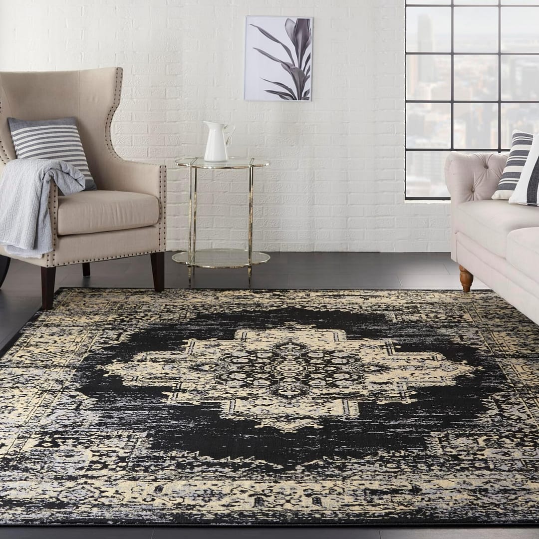 Nourison Grafix Traditional Black 7′ x 10′ Area Rug, Easy Clean, Non Shedding, Bed Room, Living Room, Dining Room, Kitchen (7×10)