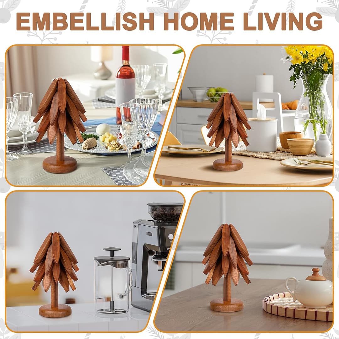 Tree Trivet Set – Foldable Wooden Tree Trivets for Hot Dishes, Set of 4 Heat-Resistant Coasters with Stand, Decorative Wooden Trivet Tree for Kitchen and Dining