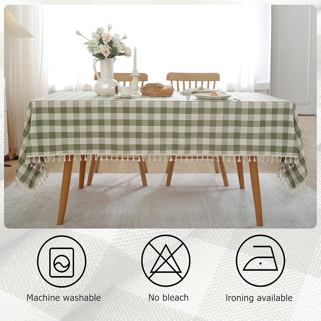 Checkered Tablecloth Rectangle Cotton Linen Fabric Gingham Table Cloth Buffalo Plaid Table Cover with Tassel Wrinkle Free Washable for Kitchen Dining Picnic, Green and White, 55X106”