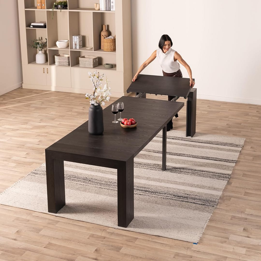 Transformer Table Dining Room Table for 2 to 12, Expandable Dining Table, Black Woode Dining Table, Extendable Kitchen Table, Space Saving Furniture (Black, Table + Coffee Table Storage)