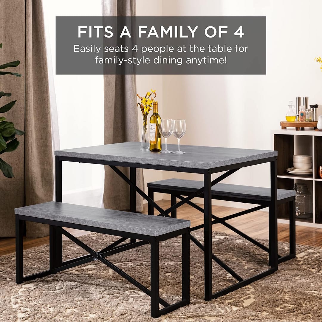 Best Choice Products 45.5in 3-Piece Bench Style Dining Furniture Set, 4-Person Space-Saving Dinette for Kitchen, Dining Room w/ 2 Benches, Table – Gray/Black