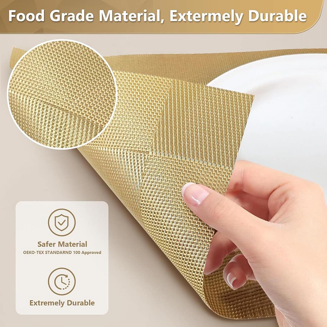 FGSAEOR Placemats Set of 6, Place Mats for Kitchen Dining Table, Heat-Resistant Anti-Skid Stain Washable PVC Table Mats, Easy to Cleaning Woven Vinyl Dinner Mats, Gold