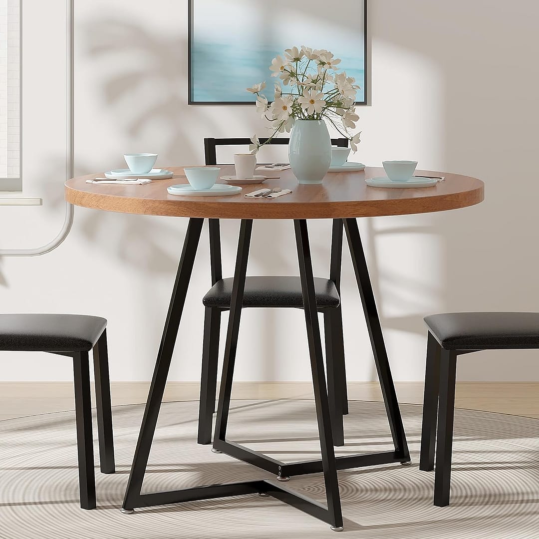 VECELO 35″ Round Dining Table for 4, Wood-Grain Tabletop & Heavy-Duty Steel Frame, for Kitchen, Living Room, Easy Assembly, Walnut