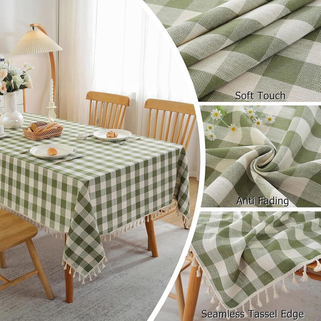 Checkered Tablecloth Rectangle Cotton Linen Fabric Gingham Table Cloth Buffalo Plaid Table Cover with Tassel Wrinkle Free Washable for Kitchen Dining Picnic, Green and White, 55X106”