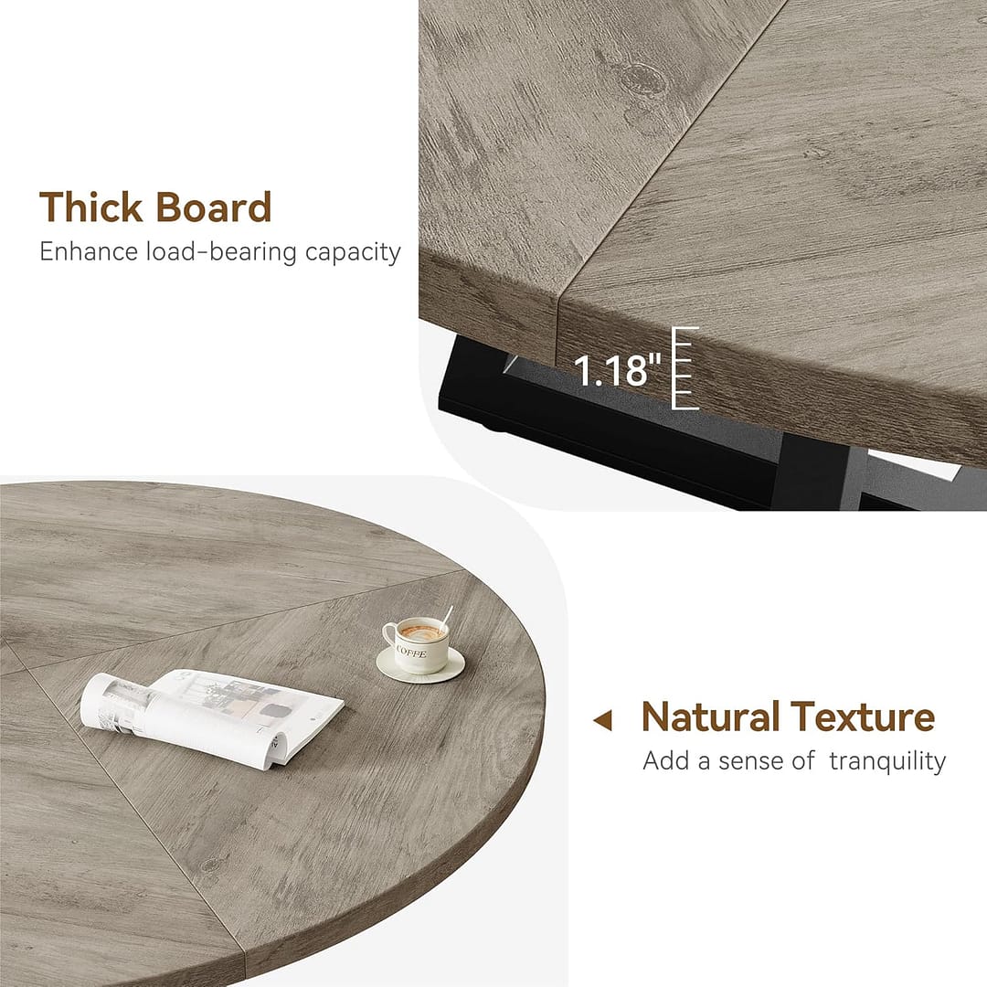 47-inch Round Dining Table, Wooden Kitchen Table for 4, Industrial Dinner Table with Wooden Top and Metal Base for Home Dining Room or Living Room – Grey(NO Chairs)