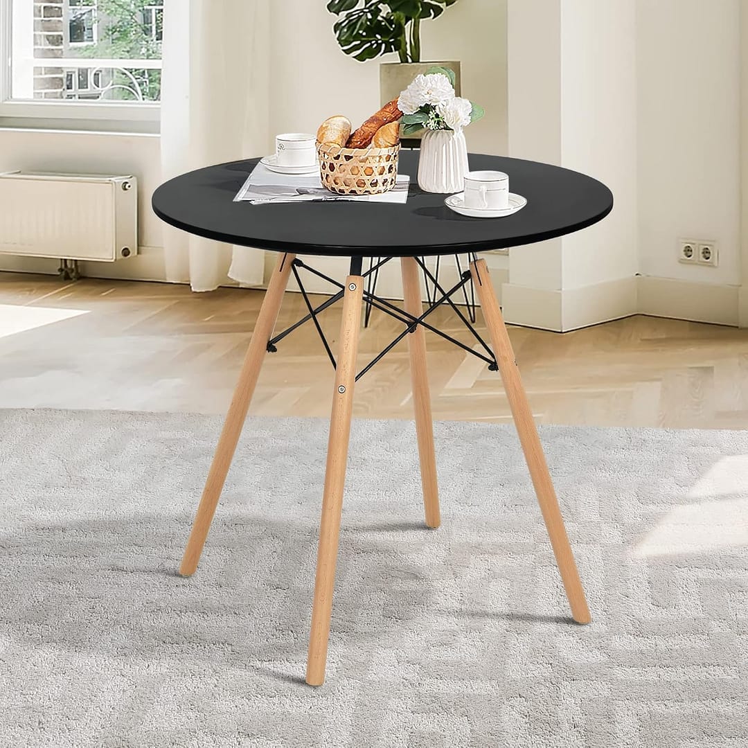 Black Round Dining Table 31.5 Modern Small Round Kitchen Table, 0.9 Thickened Tabletop & Sturdy Metal Pedestal, Leisure Dining Table for 2 People, Small Places, Kitchen, Living Room, Cafe