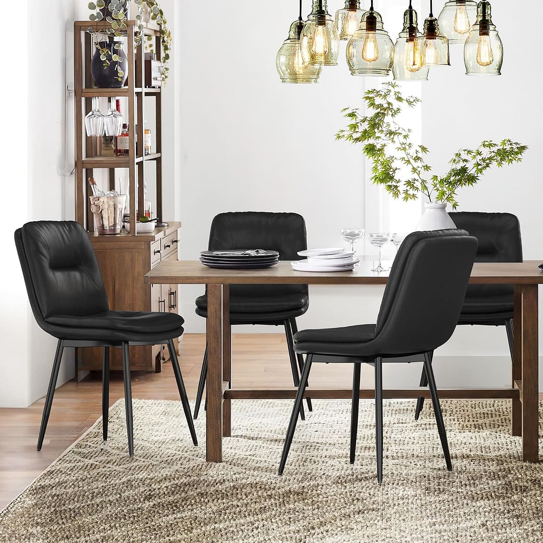 Dining Chairs Set of 4, Double-Layer Upholstered Kitchen & Dining Room Chairs, Faux Leather Dining Chair with Metal Legs, 18 inch, Black
