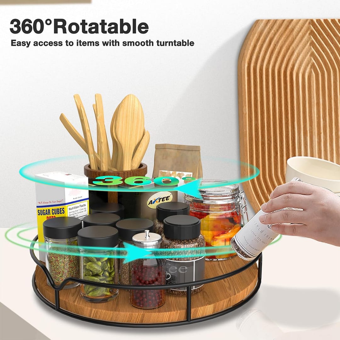 Lazy Susan Turntable Organizer for Cabinet Pantry Kitchen Countertop Refrigerator Cupboard, Pine Wood, 9″, Carbonized Black