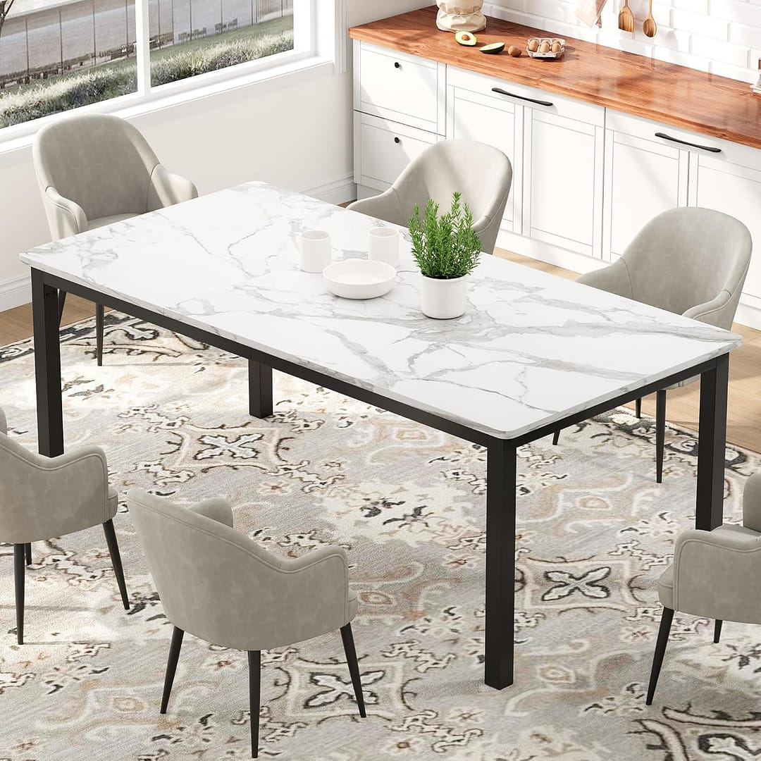 78.7in Industrial Dining Table for 8, Wooden Long Dinner Table with Mortise Tenon Design, Kitchen Table with Sturdy Metal Legs, for Dining Room Home Office Living Room, White Faux Marble