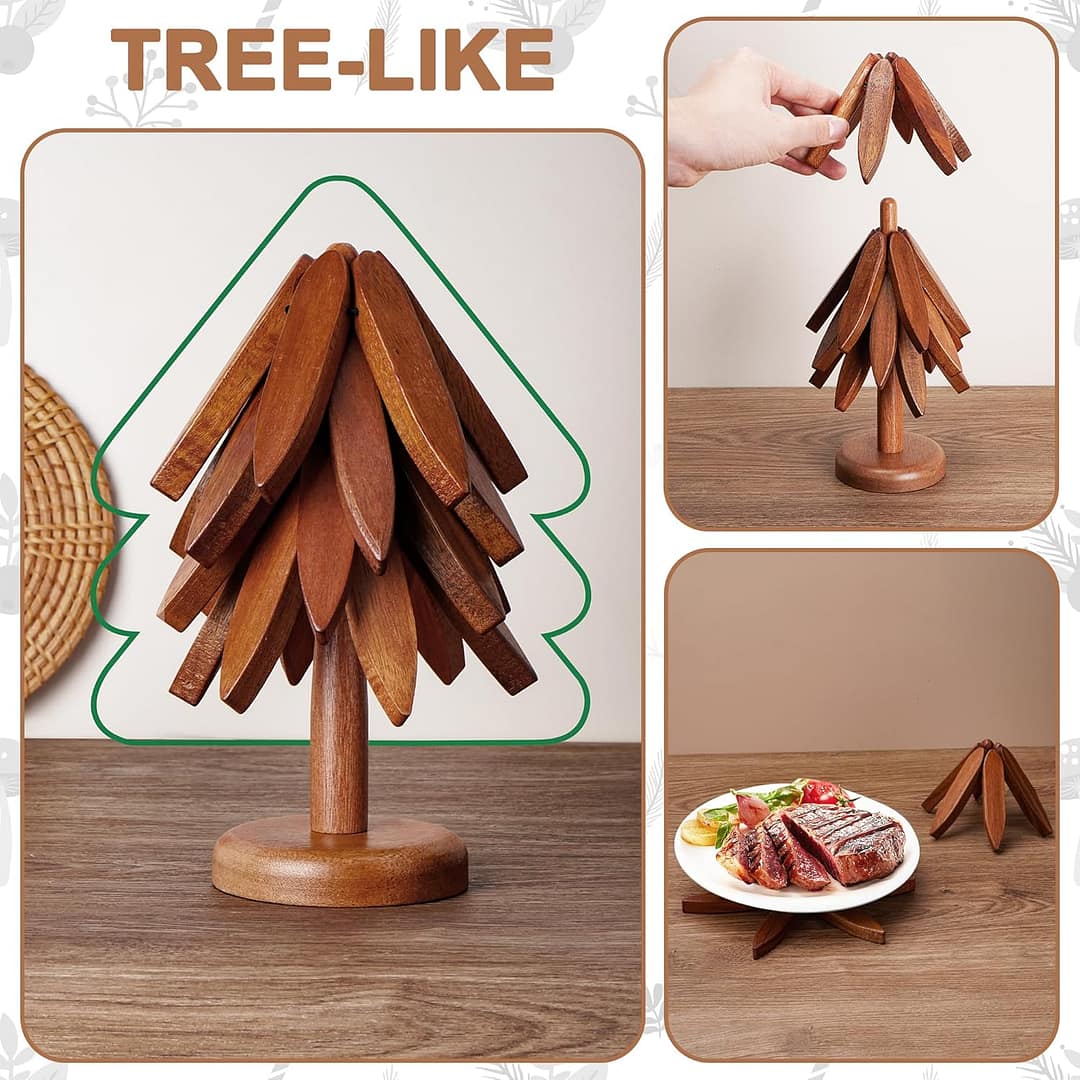 Tree Trivet Set – Foldable Wooden Tree Trivets for Hot Dishes, Set of 4 Heat-Resistant Coasters with Stand, Decorative Wooden Trivet Tree for Kitchen and Dining