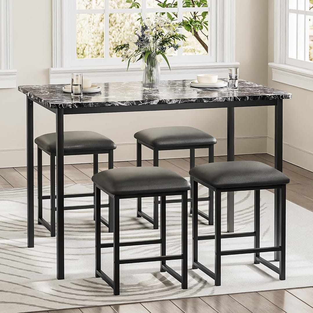 VECELO Kitchen Table and Chairs for 4, Dining Room Set with PU Chairs/Stools, Heavy-Duty Metal Frame, Faux Marble Tabletop, Space-Saving Design for Small Spaces, Easy Assembly, Black
