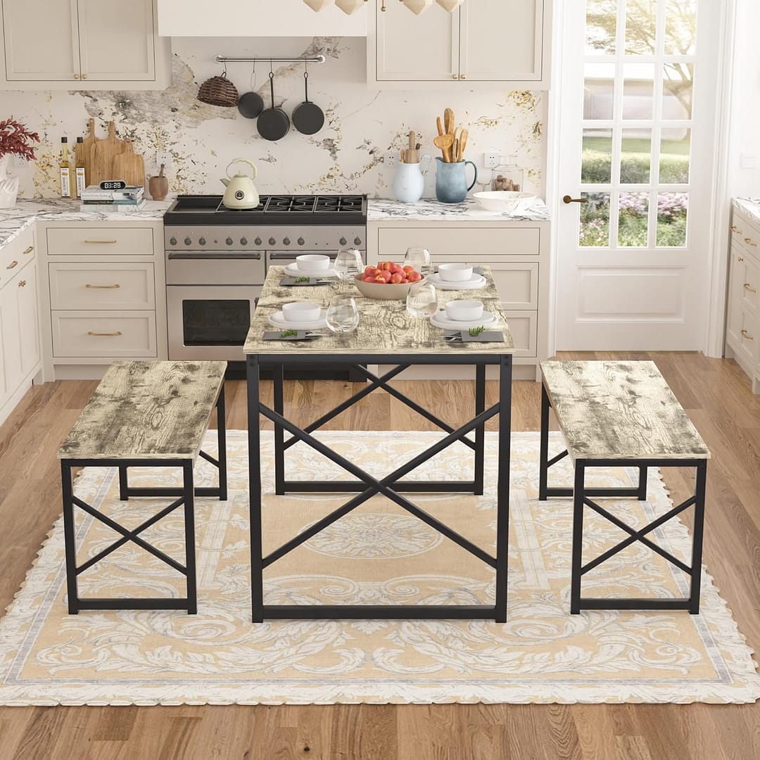 VECELO Kitchen Dining Table Set for 4, 43.3″ Wood Rectangle Dinette with 2 Benches, Heavy-Duty Metal Frame for Small Space, Breakfast Nook, Grey