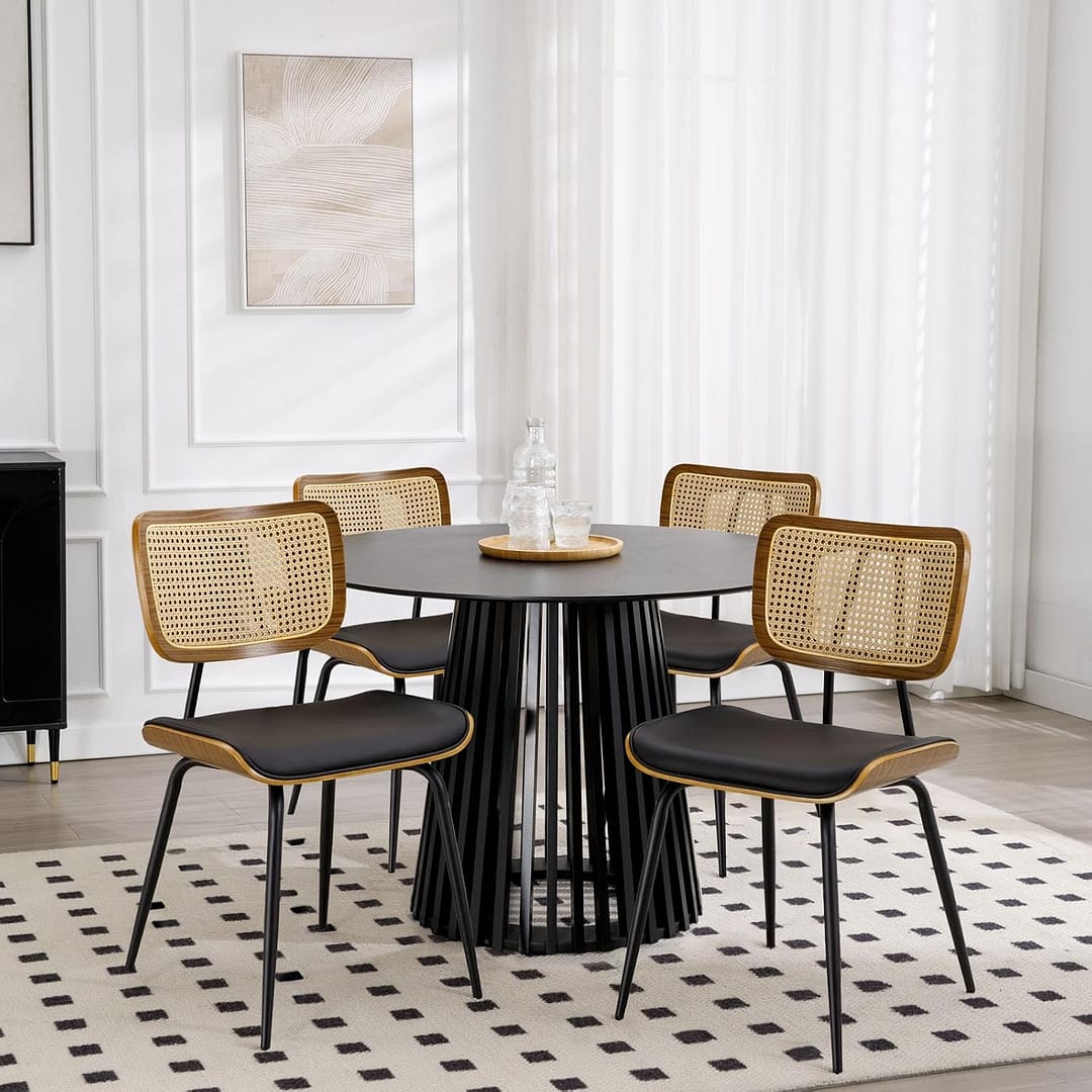 Black Dining Chairs Set of 4, Faux Leather Dining Chairs with Rattan Back, Mid Century Dining Room Chairs with Metal Legs, Modern Upholstered Armless Kitchen Side Chairs for Dinner