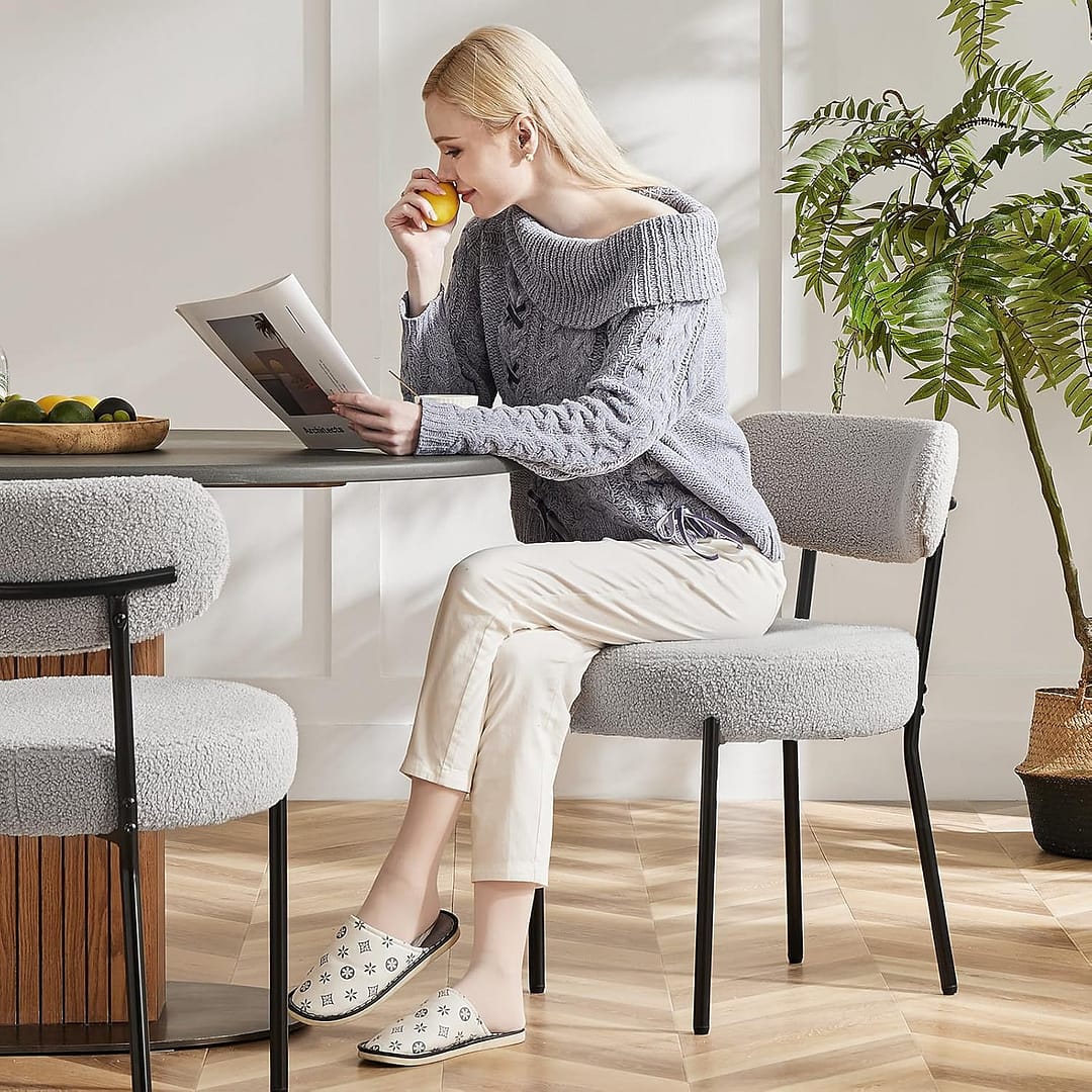 Sweetcrispy Dining Chairs Set of 4, Boucle Upholstered Modern Mid Century Round Kitchen Chairs with Curved Backrest & Metal Legs for Vanity, Living Room – Grey