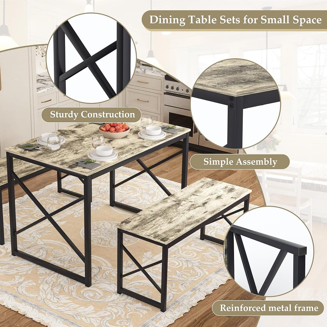 VECELO Kitchen Dining Table Set for 4, 43.3″ Wood Rectangle Dinette with 2 Benches, Heavy-Duty Metal Frame for Small Space, Breakfast Nook, Grey