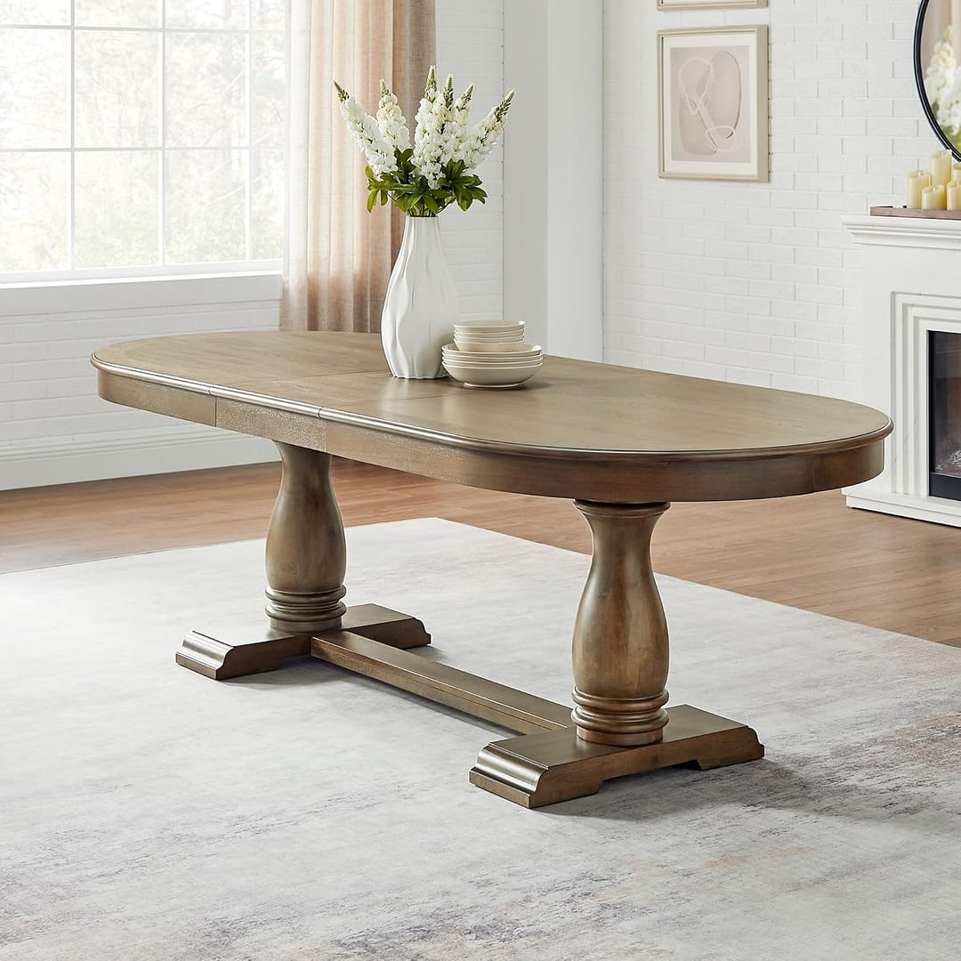 Ball & Cast Farmhouse Extendable Dining Table for 6-8, 76"-94" Long Extension Kitchen-Table, Mid Century Curved Wood Expandable Breakfast Table w/18 Leaf & Stable Pedestal, White Oak