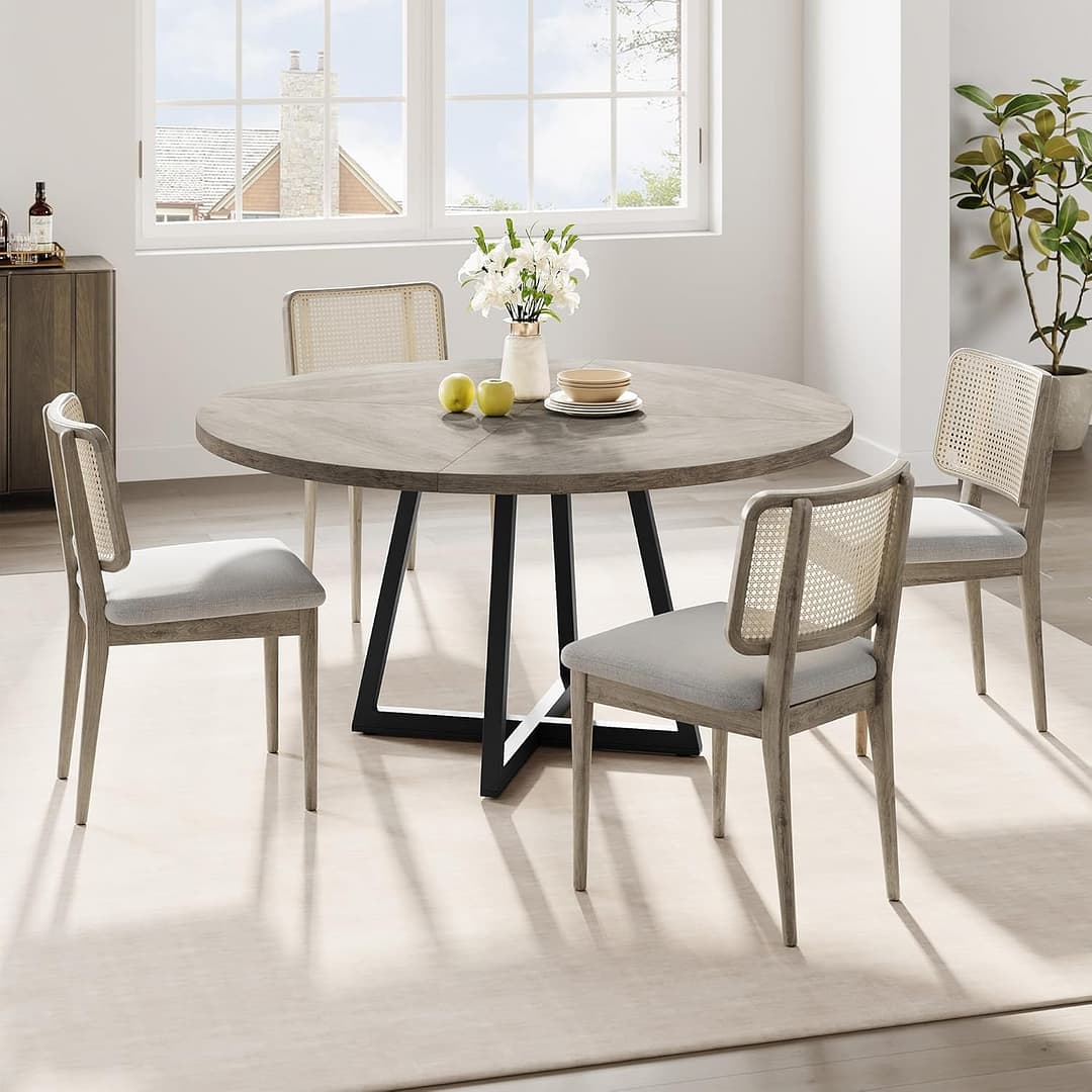 47-inch Round Dining Table, Wooden Kitchen Table for 4, Industrial Dinner Table with Wooden Top and Metal Base for Home Dining Room or Living Room – Grey(NO Chairs)