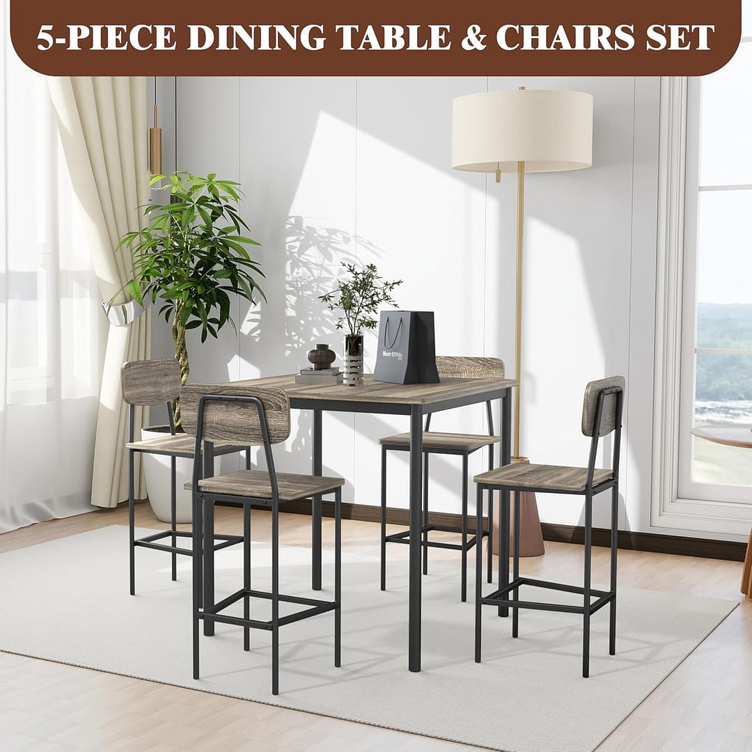 Kitchen Table Chairs Set of 4, Dining Table Set for 4 with Space-Saving Design, Industrial Dining Room Table Set for Family Dinner, Party, Gray