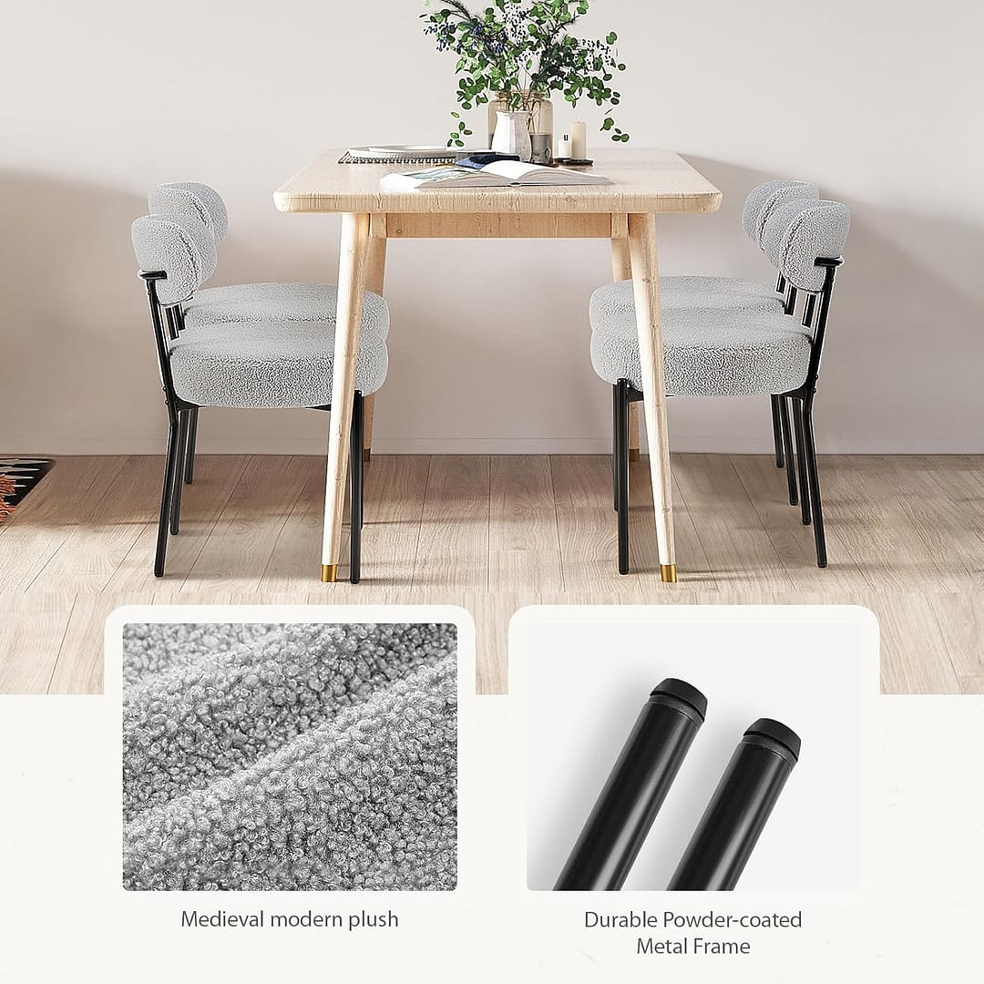 Sweetcrispy Dining Chairs Set of 4, Boucle Upholstered Modern Mid Century Round Kitchen Chairs with Curved Backrest & Metal Legs for Vanity, Living Room – Grey