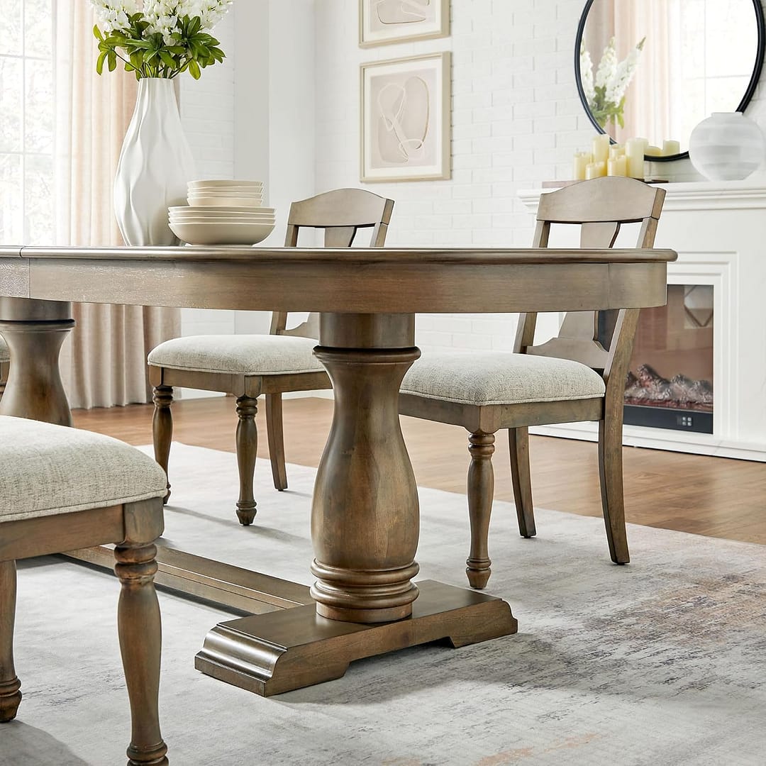 Ball & Cast Farmhouse Extendable Dining Table for 6-8, 76″-94″ Long Extension Kitchen-Table, Mid Century Curved Wood Expandable Breakfast Table w/18 Leaf & Stable Pedestal, White Oak