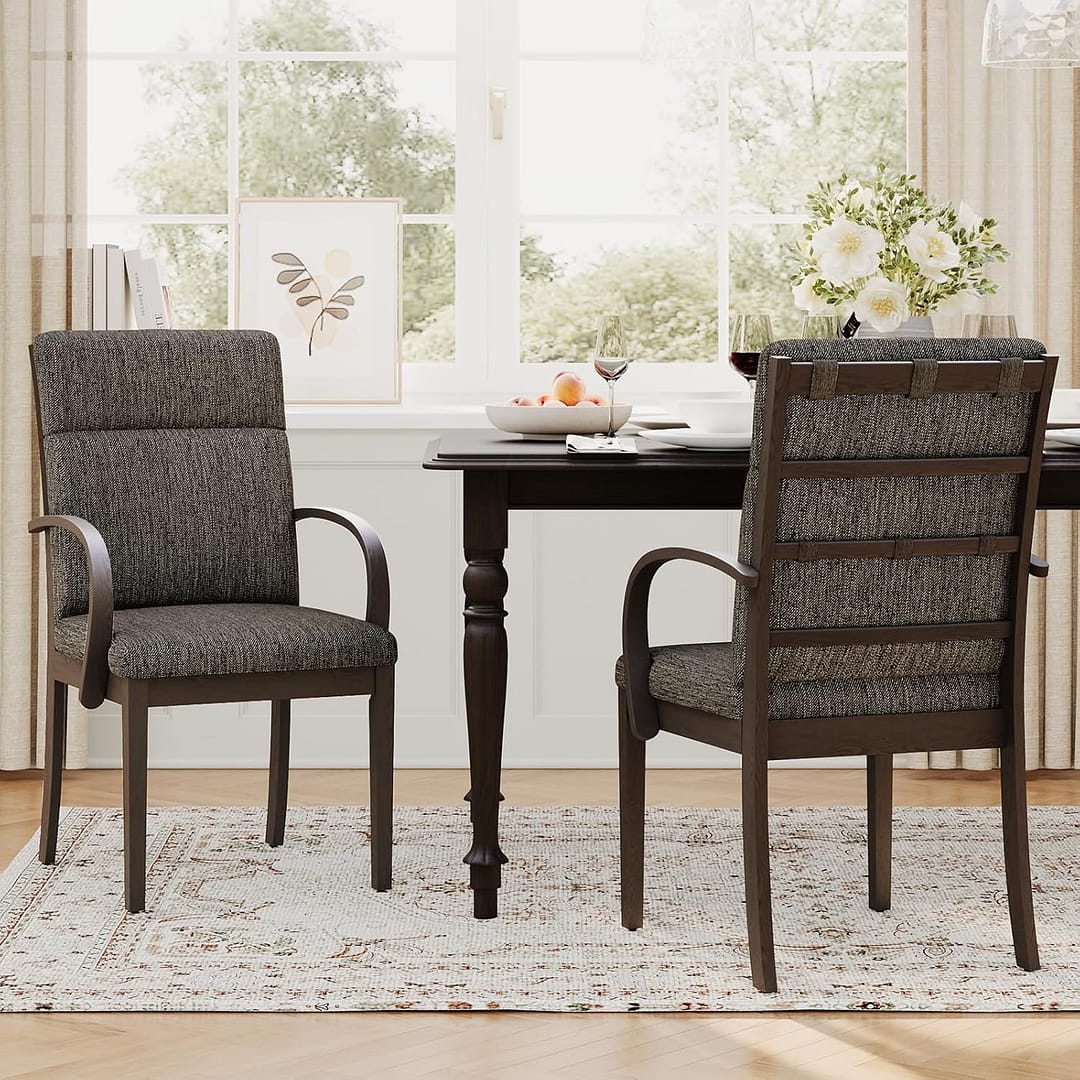 COLAMY Wooden Dining Chairs Set of 2, Modern Large Kitchen Side Chairs, Farmhouse Ladder High Back Dining Room Chair with Wide Seat, Curved Armrests - Brown