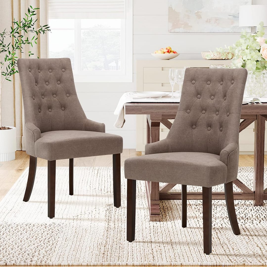 COLAMY Wingback Upholstered Dining Chairs Set of 2, Fabric Side Dining Room Chairs with Tufted Button, Living Room Chairs for Home Kitchen, Taupe