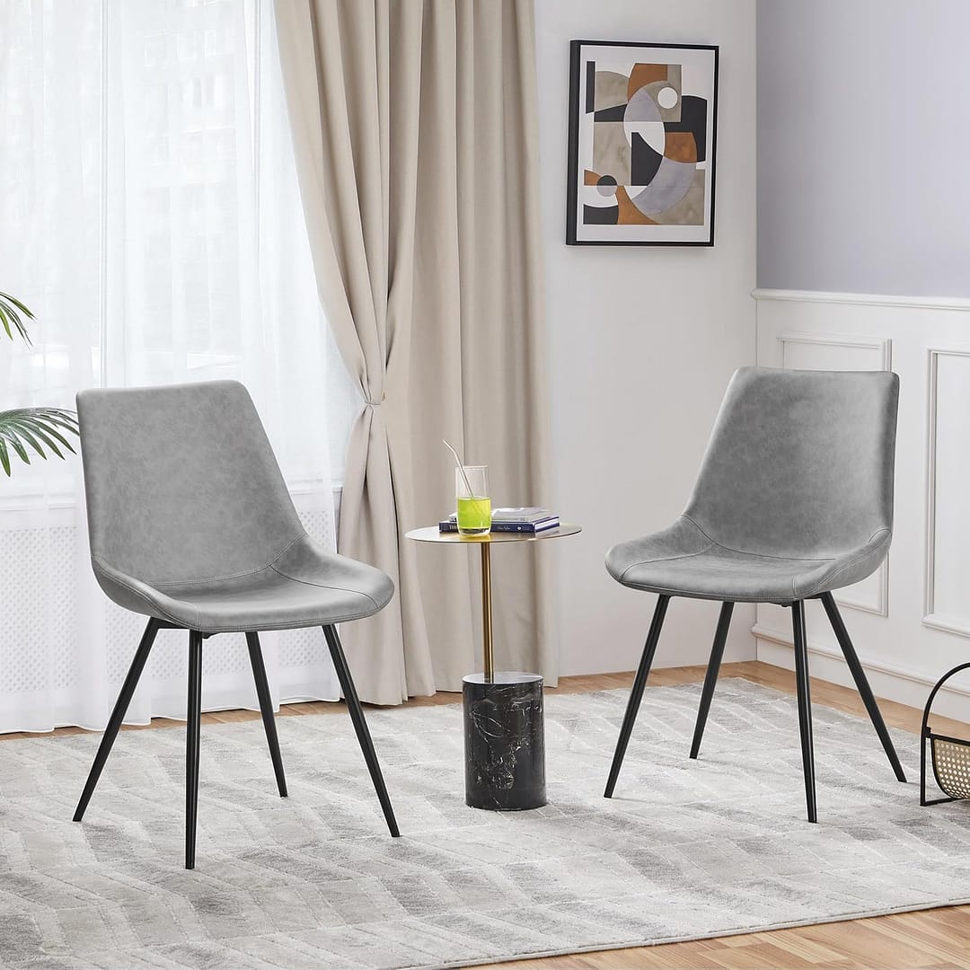 Yaheetech Dining Chairs Set of 2 Faux Leather Mid Century Kitchen Chairs with Metal Legs for Dining Room Kitchen, Grey
