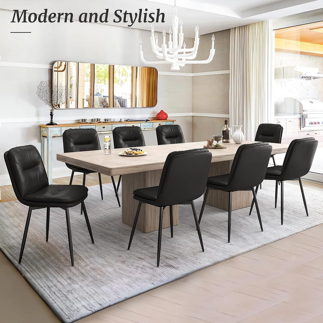 Dining Chairs Set of 4, Double-Layer Upholstered Kitchen & Dining Room Chairs, Faux Leather Dining Chair with Metal Legs, 18 inch, Black