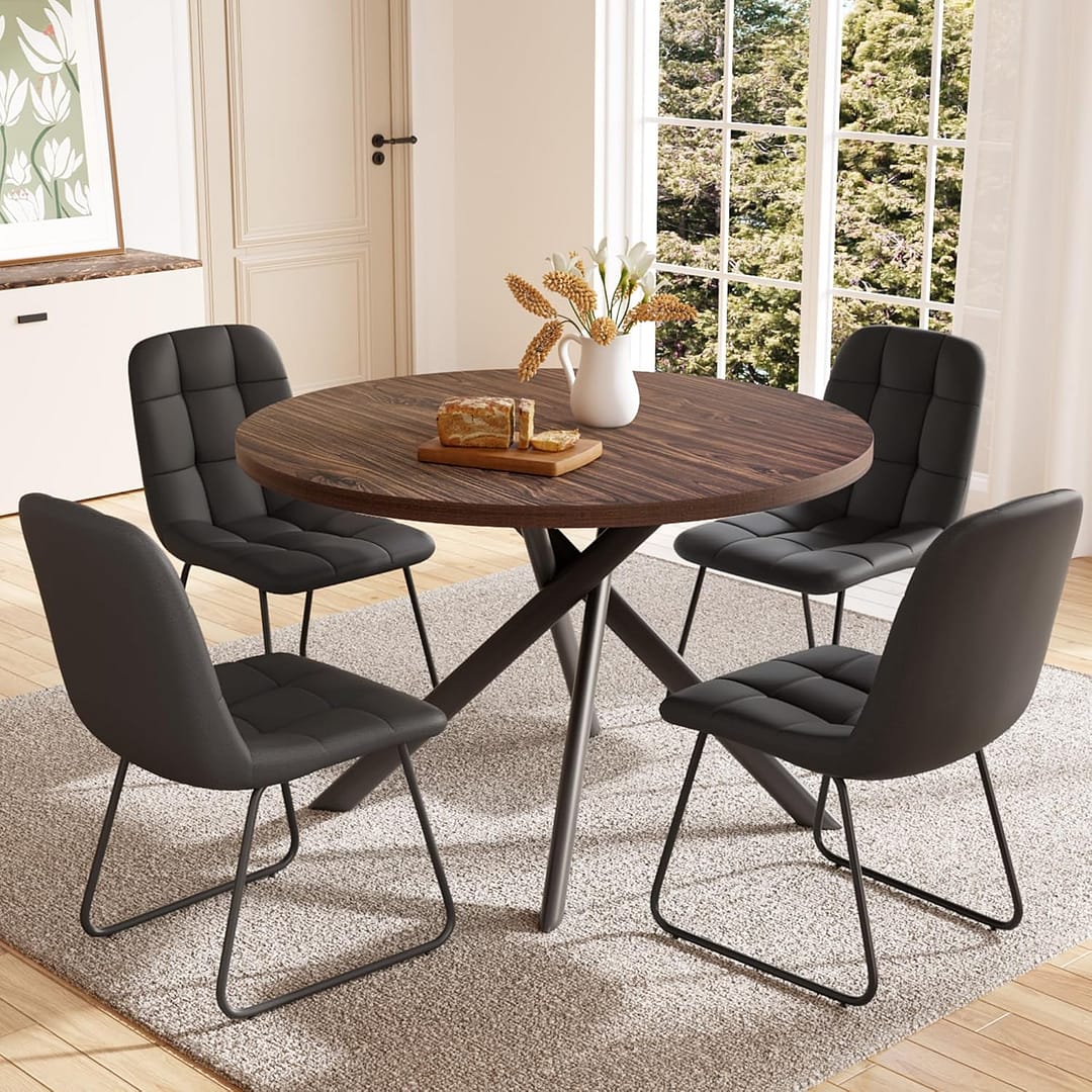 45.3 Inch Round Dining Table Set for 4, Mid Century Modern Small Coffee Set for Dining Room Kitchen Apartment (Walnut Table + 4 U-Shaped Black Chairs)