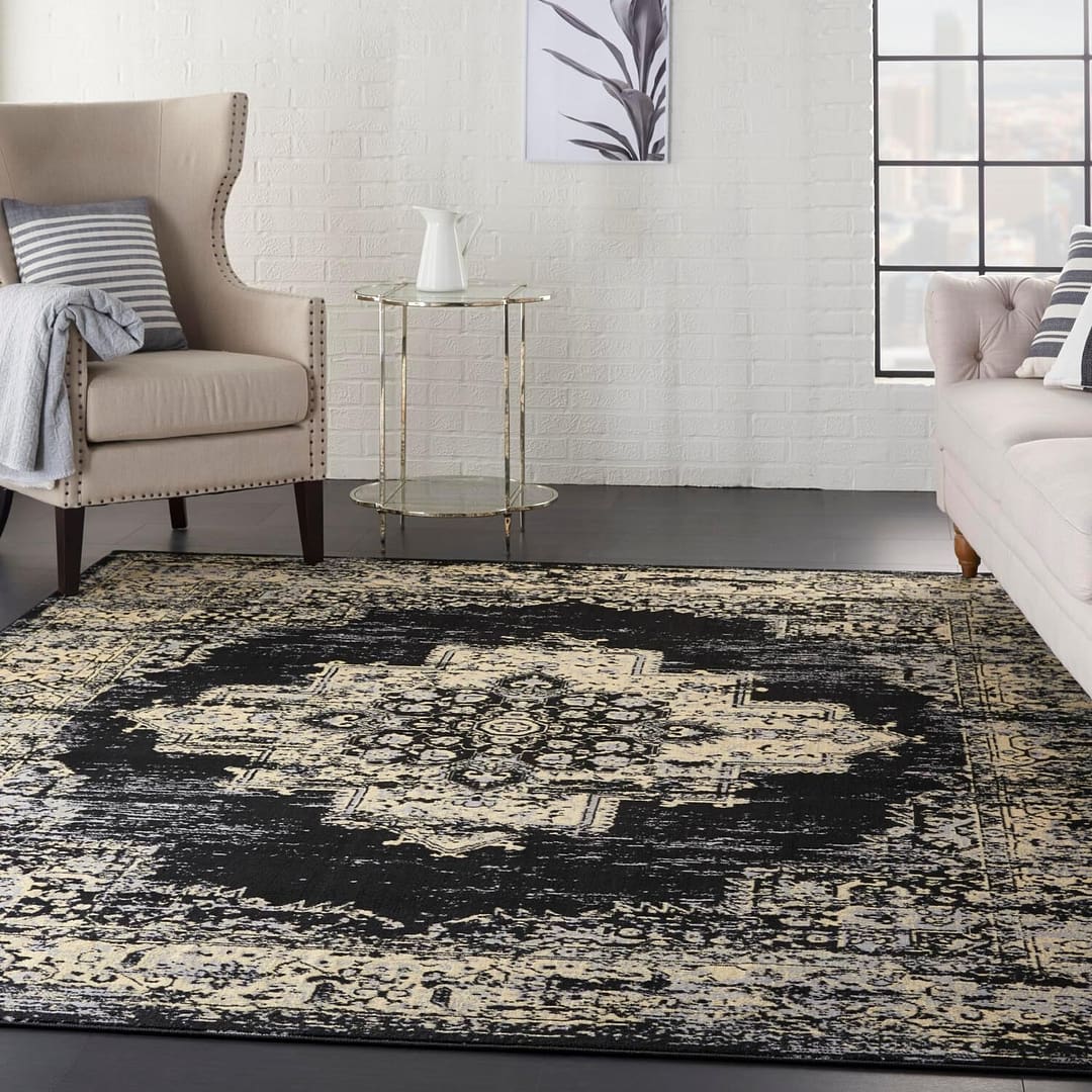 Nourison Grafix Traditional Black 7′ x 10′ Area Rug, Easy Clean, Non Shedding, Bed Room, Living Room, Dining Room, Kitchen (7×10)