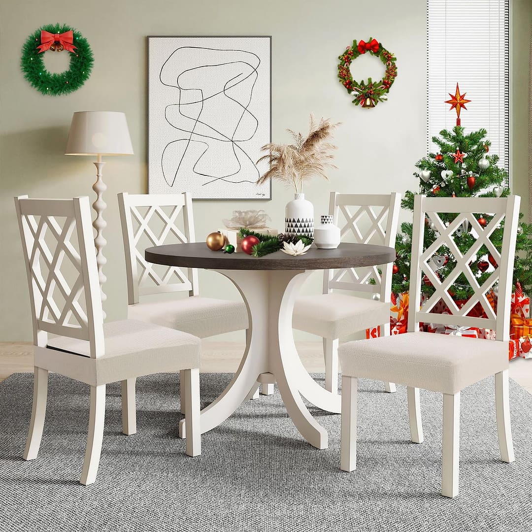 Smiry Waterproof Seat Covers for Dining Room Chairs Set of 4, Stretch Jacquard Removable Washable Chair Seat Slipcovers Protector, No Rear Covers, Beige