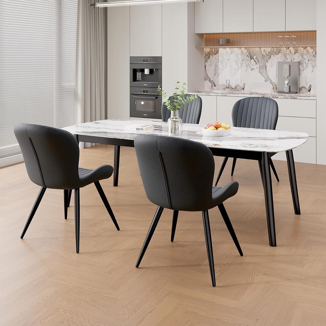 Dining Chairs Set of 4, Modern Dining Room Chairs Comfy Backrest Thick Upholstered Kitchen Chairs 19IN Height with Metal Legs Dark Grey