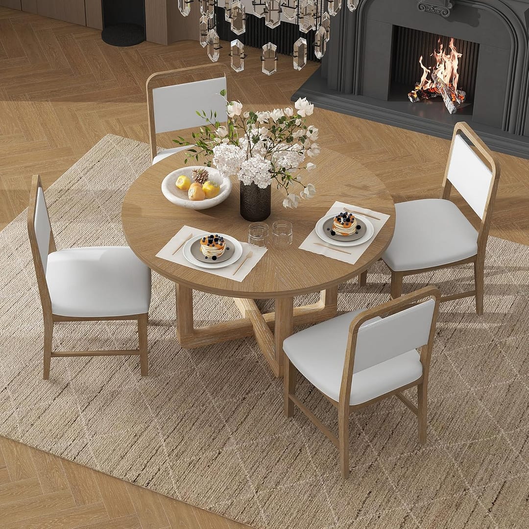 Merax 5-Piece Retro Dining Set, Round Table Top with Radial Wood Grain Design and 4 Upholstered Chairs for Dining Room and Kitchen, Natural Wood Wash