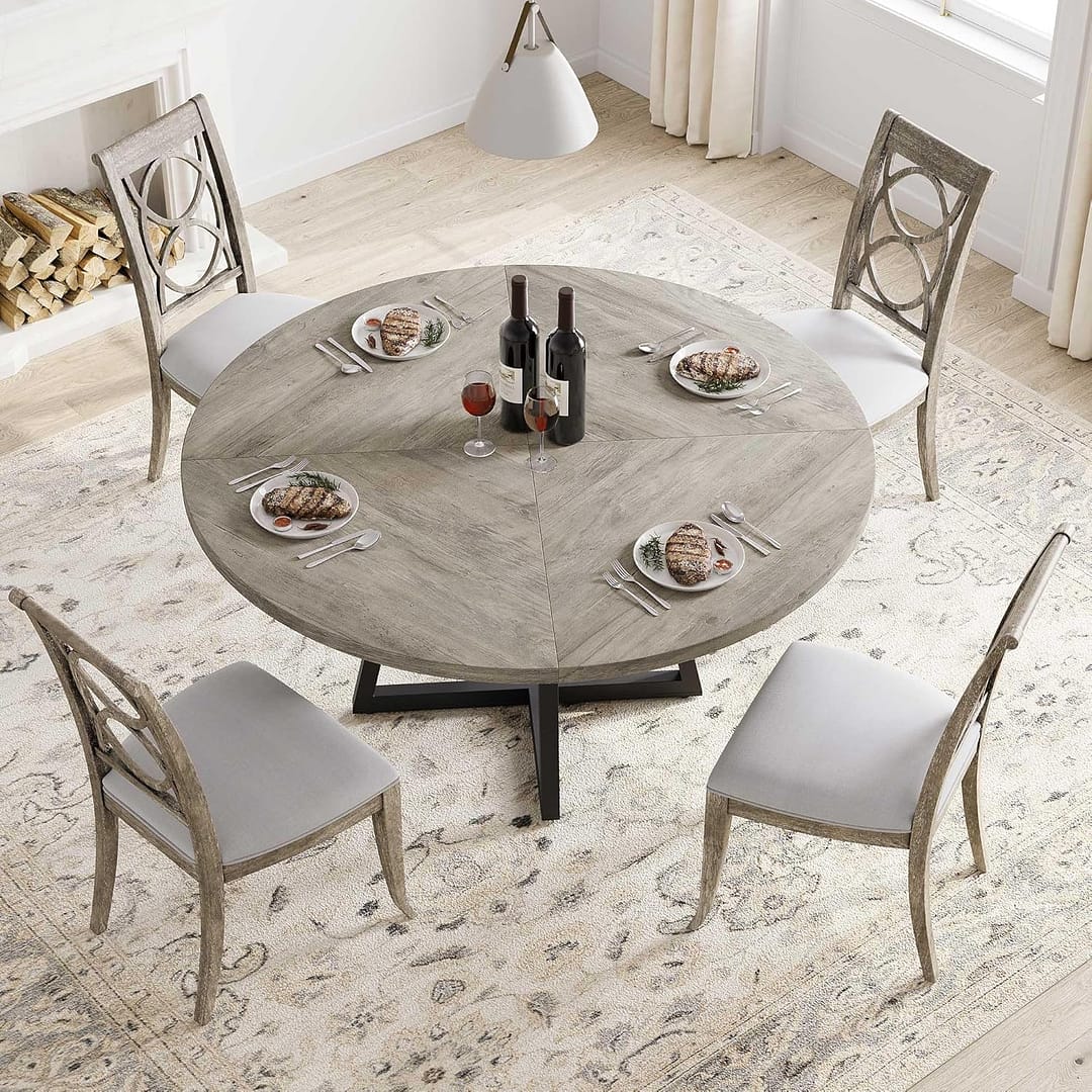 47-inch Round Dining Table, Wooden Kitchen Table for 4, Industrial Dinner Table with Wooden Top and Metal Base for Home Dining Room or Living Room – Grey(NO Chairs)
