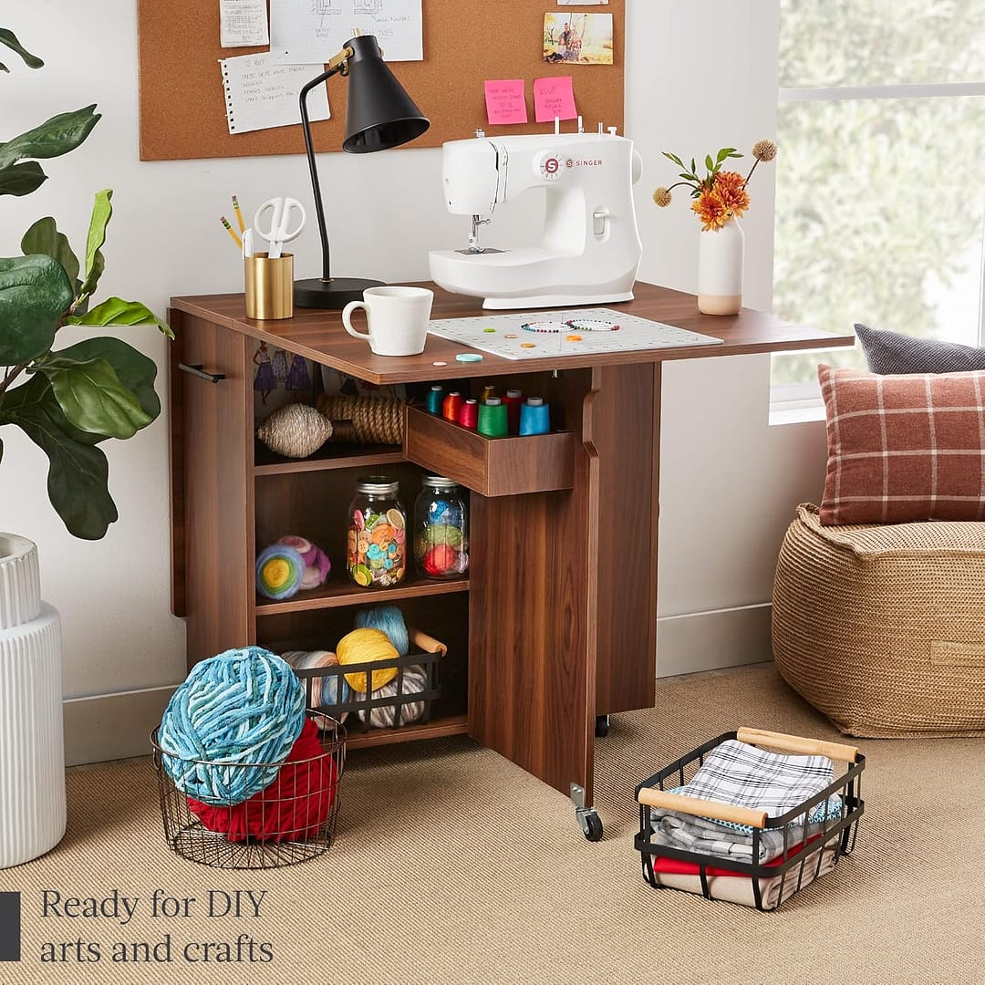 Best Choice Products Folding Dining Table, Multipurpose Space Saving Collapsible Drop Leaf Extension Desk w/Wheels, 3 Storage Shelves – Brown