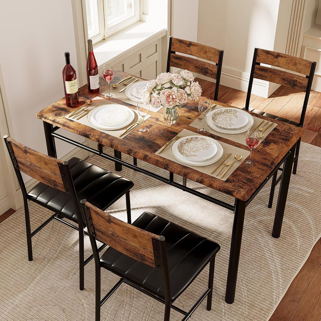 IRONCK Dining Table Set for 4, Wood Kitchen Table with Upholstered Chairs Dinning Table Set for Kitchen & Dining Room, Compact Dining Set for Small Spaces, Rustic Brown