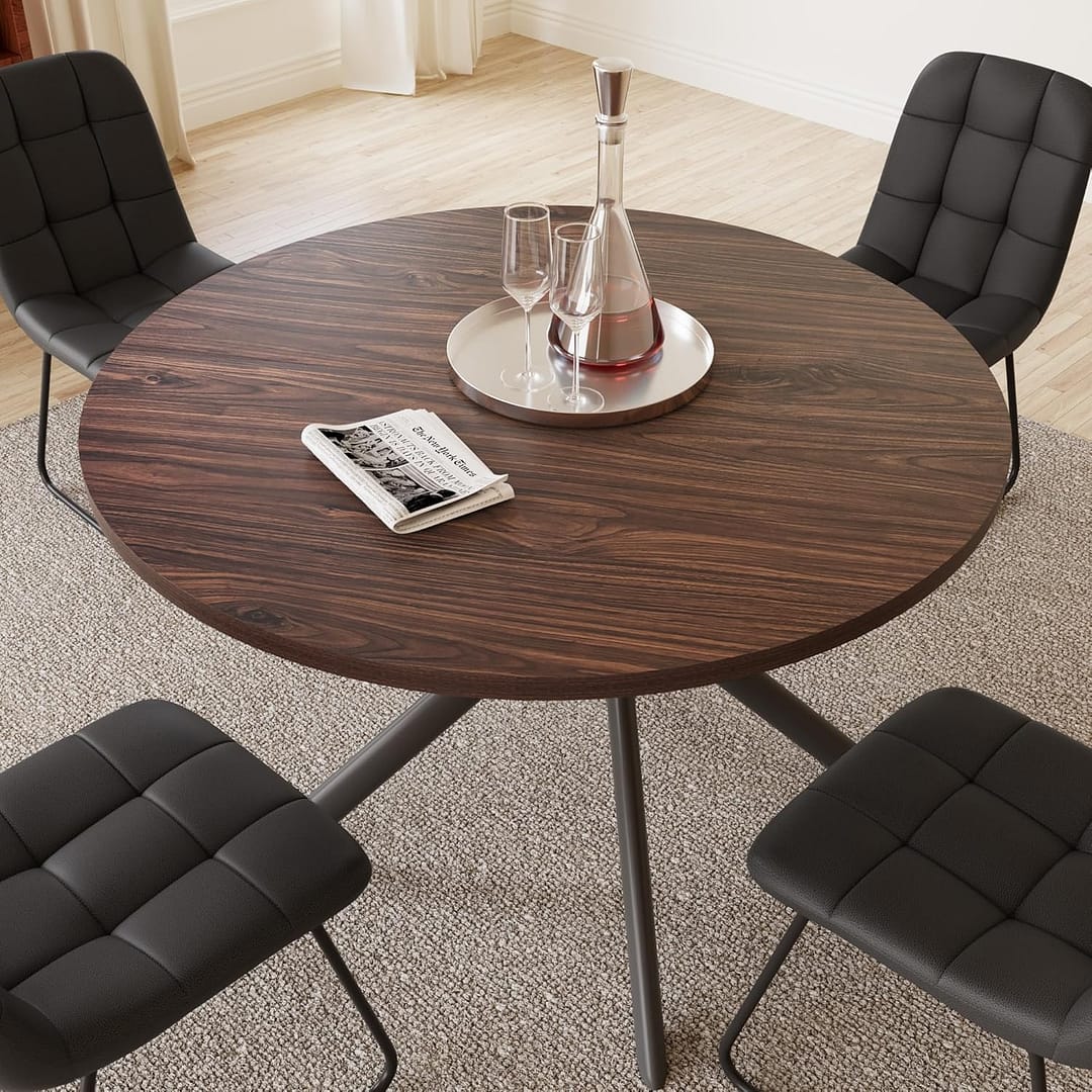 45.3 Inch Round Dining Table Set for 4, Mid Century Modern Small Coffee Set for Dining Room Kitchen Apartment (Walnut Table + 4 U-Shaped Black Chairs)